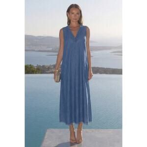 J Jill Denim Chambray Maxi Dress Blue Frayed V Neck Pockets Beachy Boho Summer S